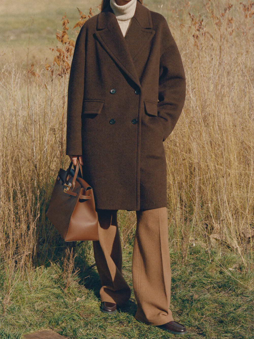 Chocolate wool coat and camel trousers