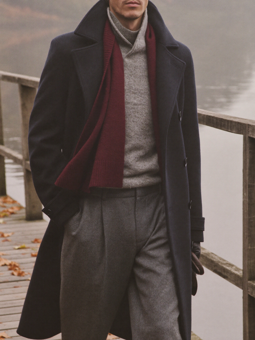 Navy wool peacoat with burgundy scarf