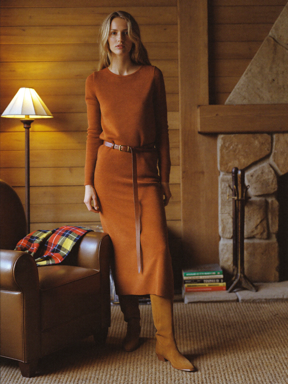 Rust knit midi dress and suede boots