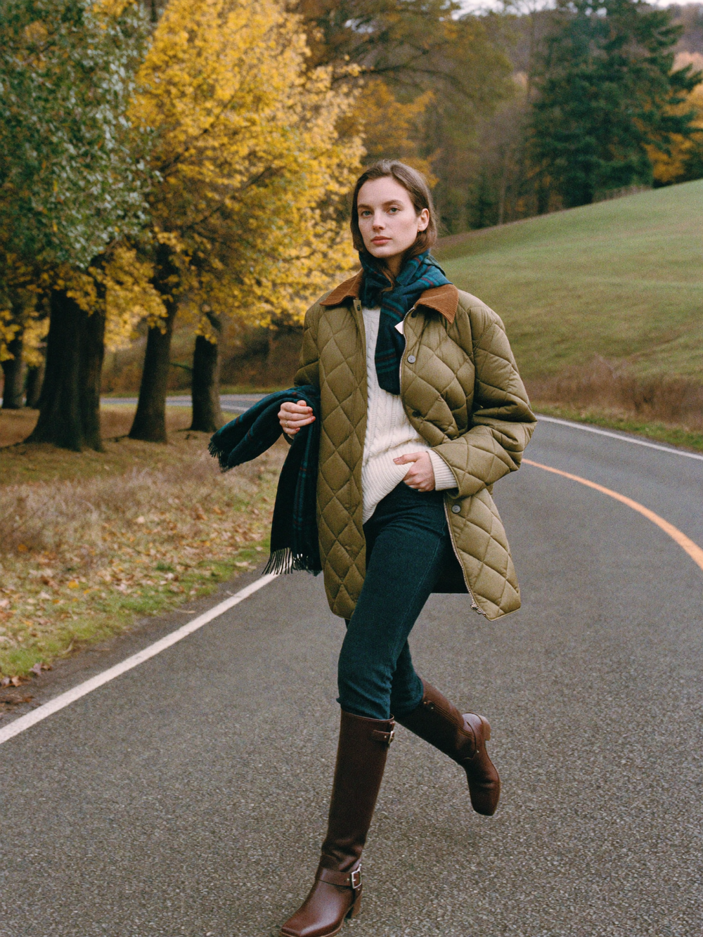 Olive quilted jacket and riding boots